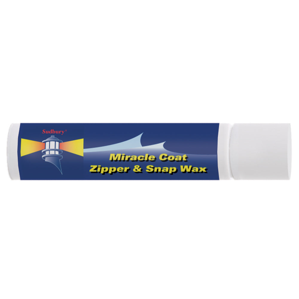Sudbury Miracle Coat Zipper and Snap Wax for cleaning and conditioning leather and fabric surfaces.