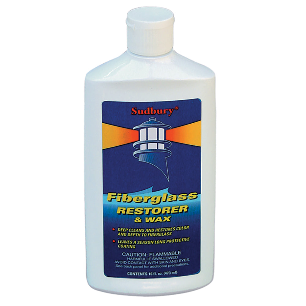 Sudbury One Step Fiberglass Restorer Wax in 16oz liquid bottle, designed for cleaning and restoring fiberglass surfaces.