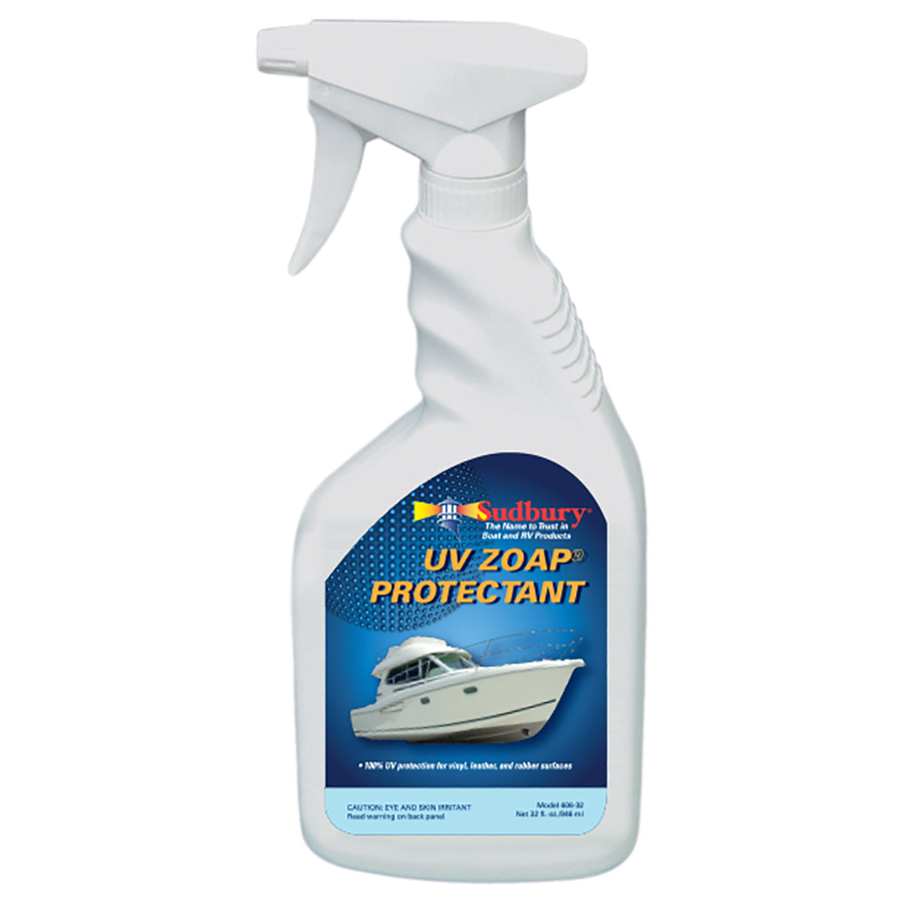Sudbury UV Zoap Protectant 32oz bottle for cleaning, shown with label and transparent bottle highlighting the product.