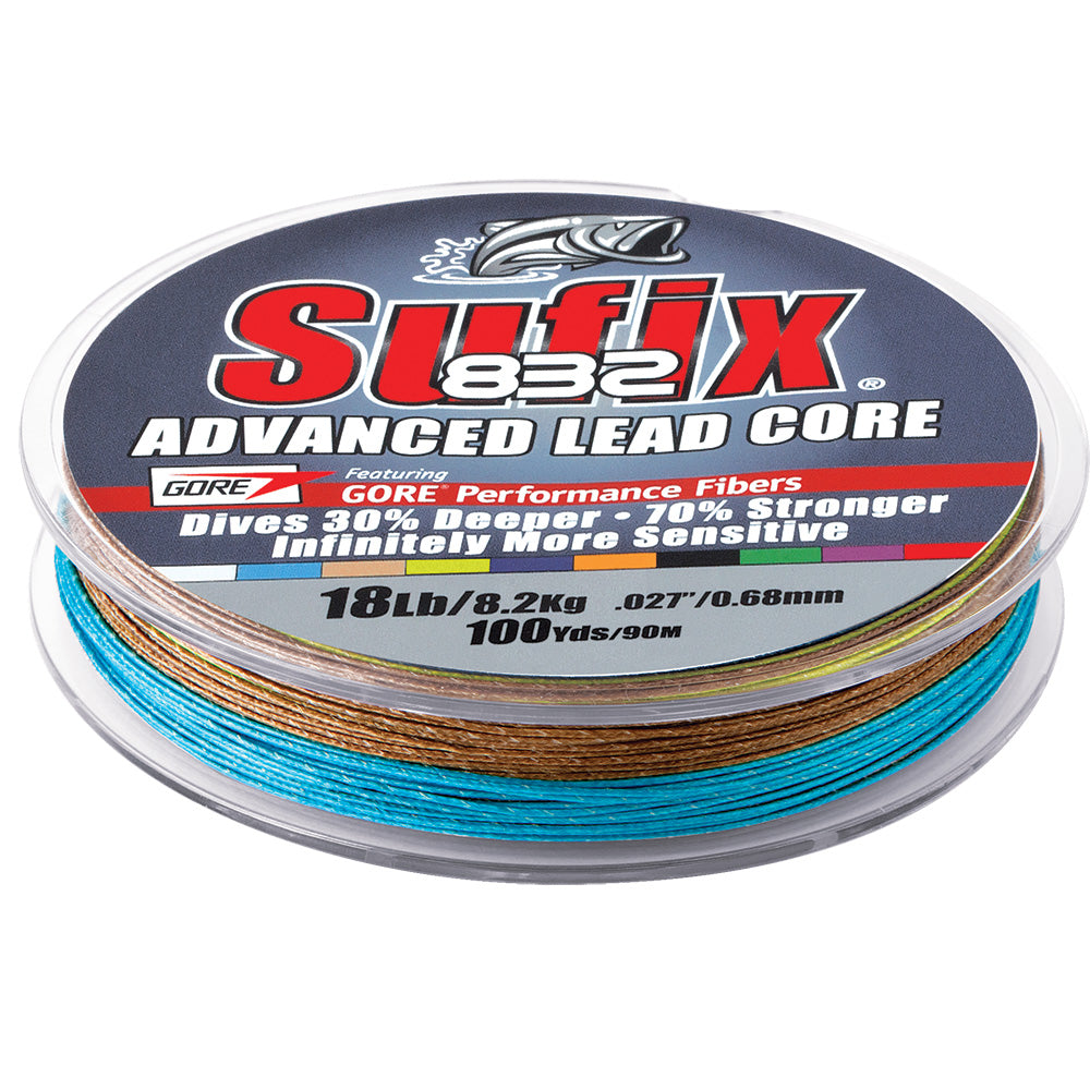 Sufix 832 Advanced Lead Core fishing line in 18lb, 10-color metered, 100 yards, designed for fishing lines and leaders.
