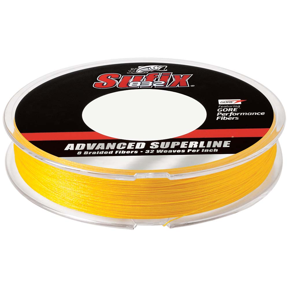 Sufix 832 Advanced Superline braid fishing line in Hi-Vis Yellow, 10lb test, 300 yards, displayed on a reel or spool