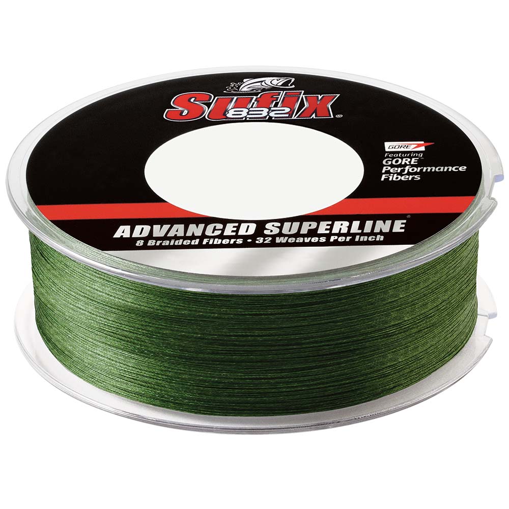 Sufix 832 Advanced Superline Braid fishing line in low-vis green, 10lb test, 600 yards, shown coiled and ready for fishing.