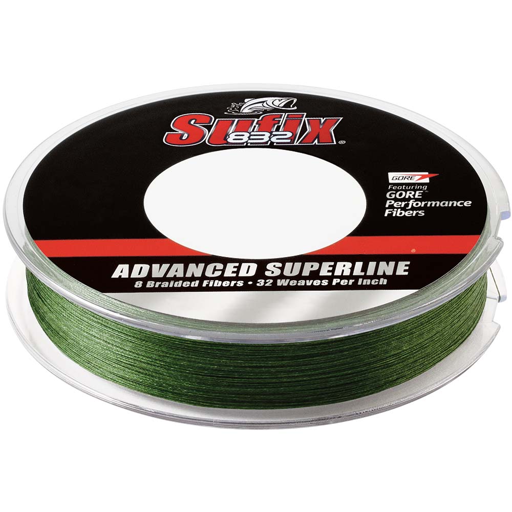 Sufix 832 Advanced Superline Braid fishing line in 20lb low-vis green, 300 yards, displayed on a fishing reel.