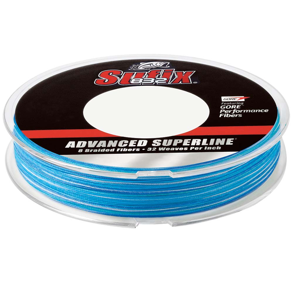 Sufix 832 Advanced Superline Braid fishing line in 30lb coastal camo, 150 yards, displayed in a spool with camouflage pattern.