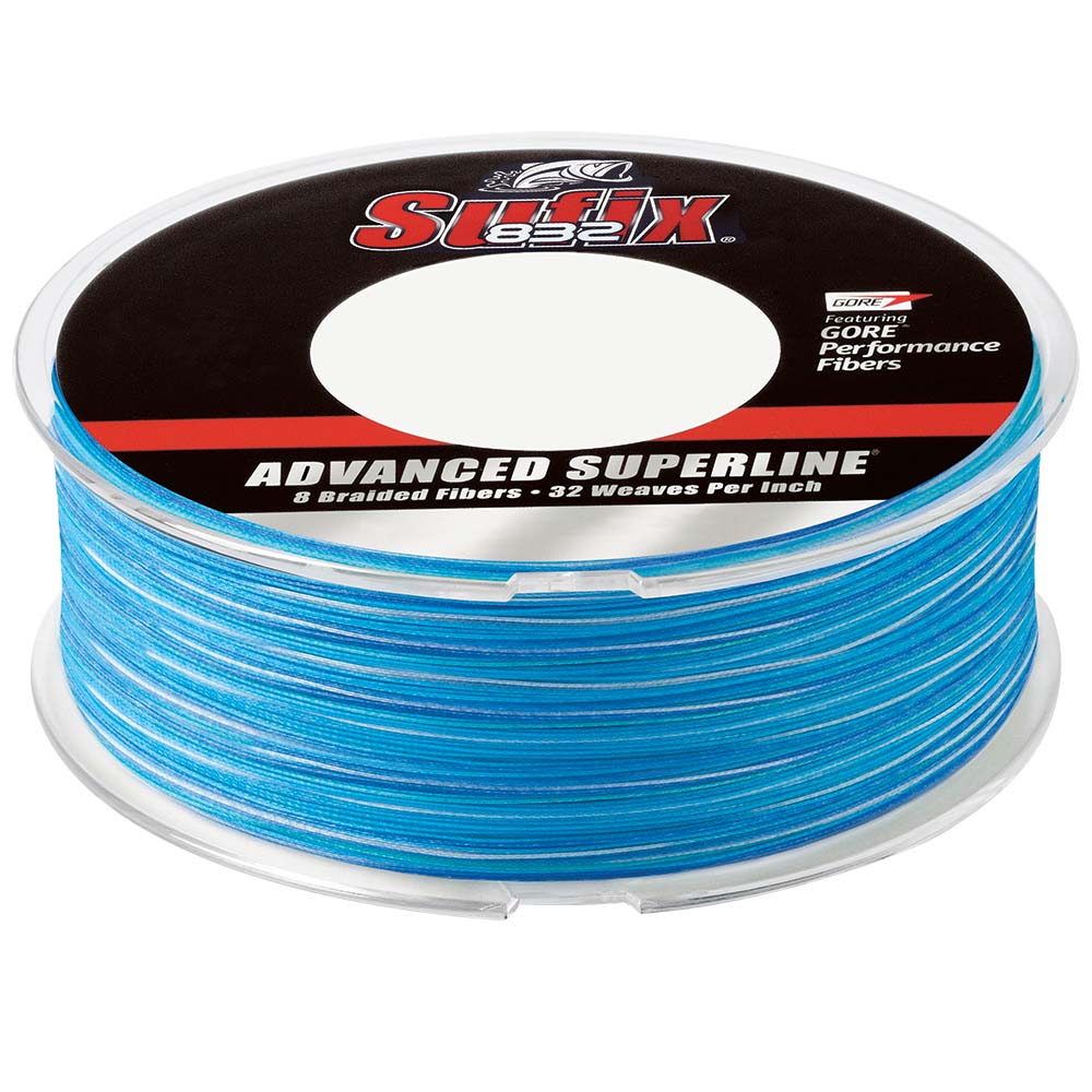 Sufix 832 Advanced Superline Braid fishing line in 30lb Coastal Camo, 600 yards, showing the braided line with camouflage pattern.