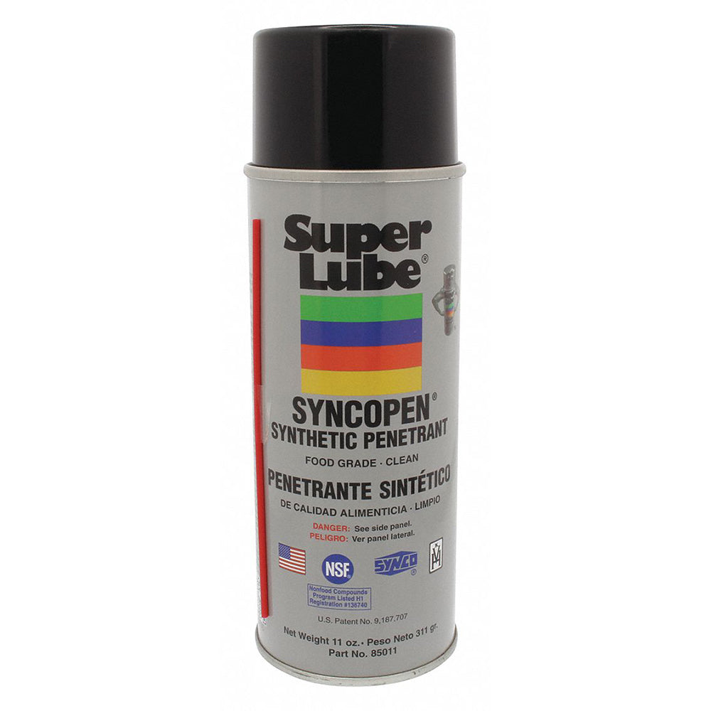 Super Lube Food Grade Syncopen Penetrant in an 11oz spray can, used for cleaning and lubricating food-safe equipment.