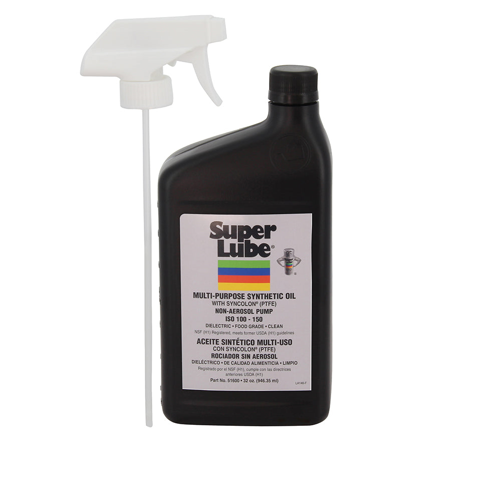 Super Lube Food Grade Synthetic Oil in 1-quart trigger sprayer, ideal for cleaning and lubrication applications.