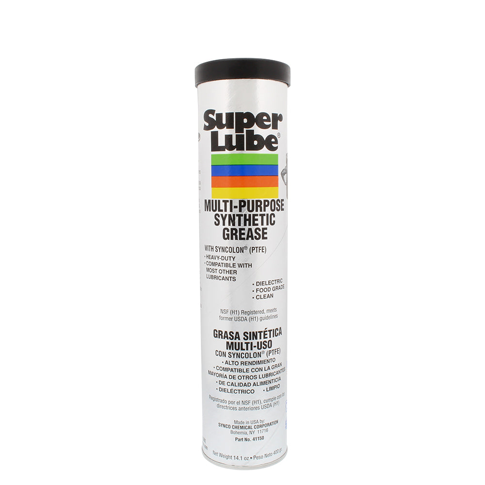 Super Lube Multi-Purpose Synthetic Grease with Syncolon in a 14.1oz cartridge, ideal for cleaning and lubrication applications.