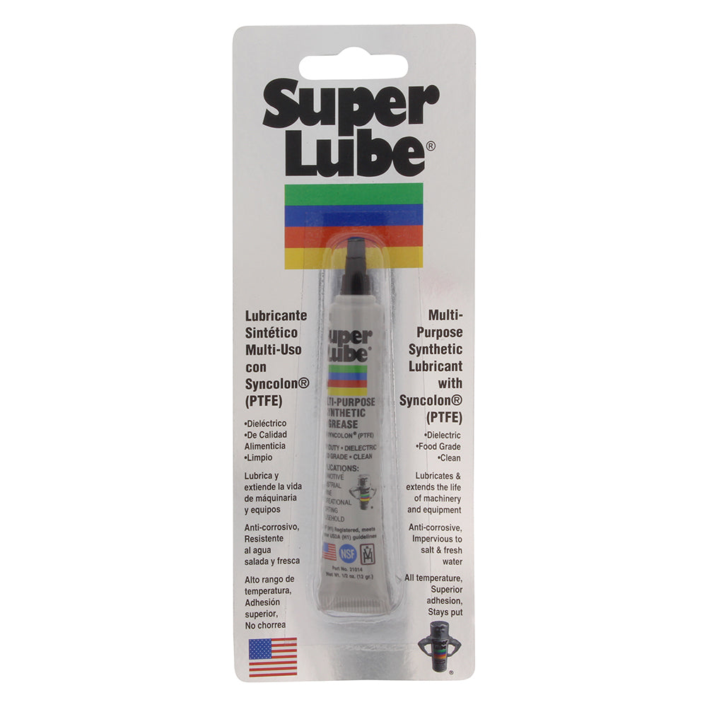 Super Lube multi-purpose synthetic grease with Syncolon in a 0.5 oz tube, ideal for cleaning and lubrication applications.