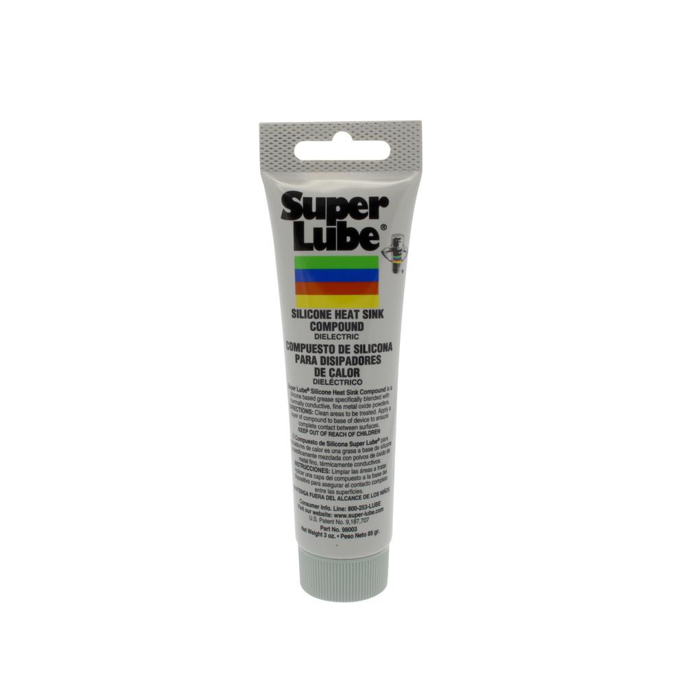 Super Lube silicone heat sink compound in a 3oz tube, used for thermal management and cleaning electronic components.