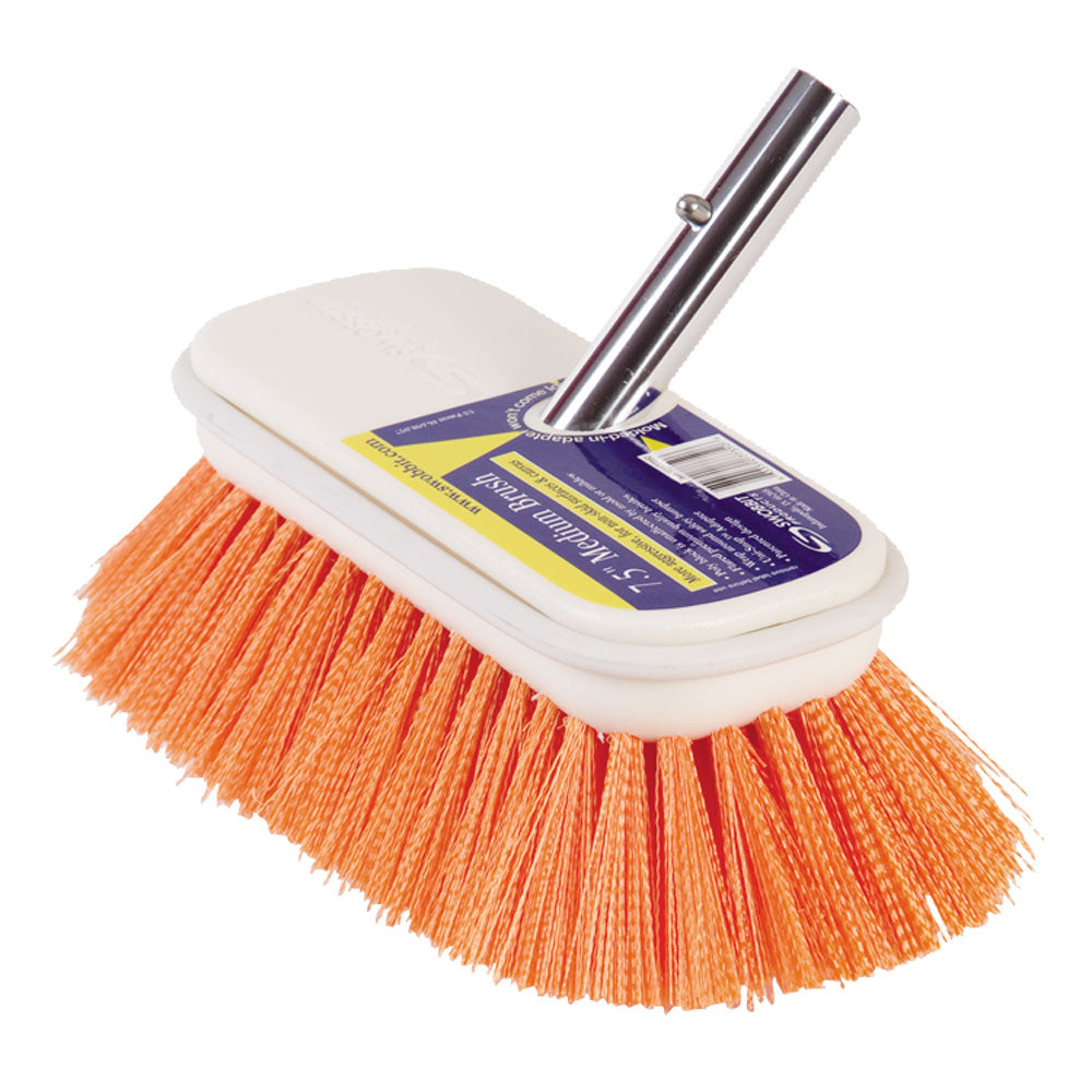 Swobbit 7.5-inch medium cleaning brush with orange bristles, durable and versatile for vehicle and surface cleaning.