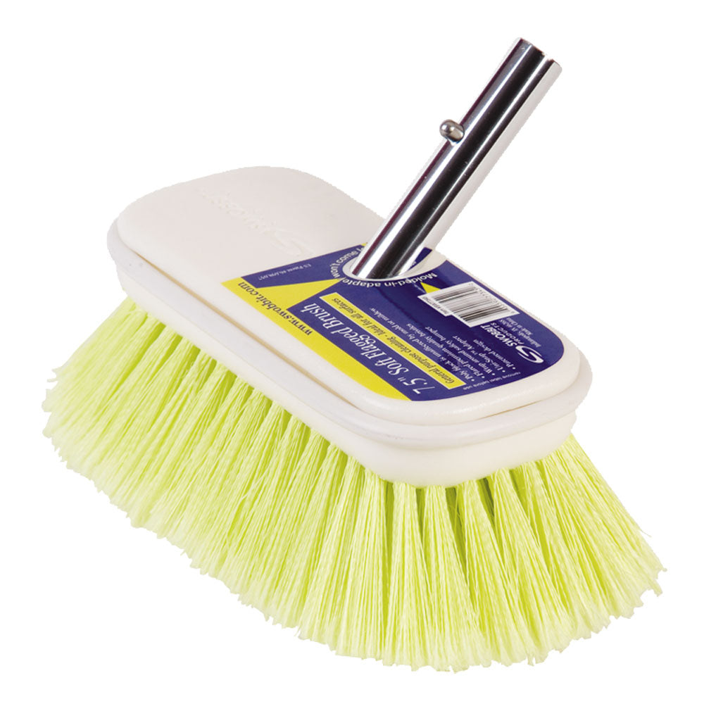 Swobbit 7.5-inch yellow soft flagged cleaning brush with flexible bristles for gentle surface cleaning.