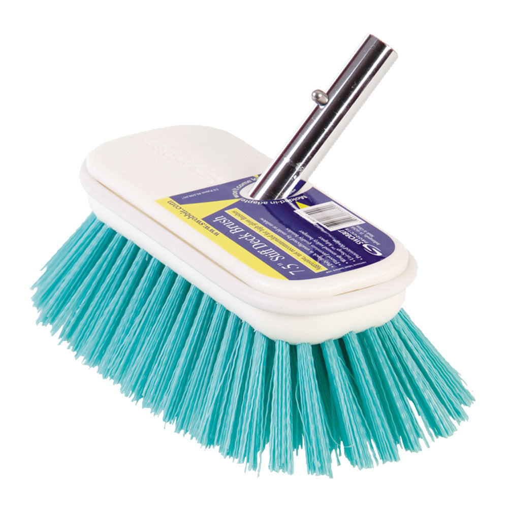 Swobbit 7.5-inch stiff green cleaning brush with bristles for heavy-duty cleaning tasks.