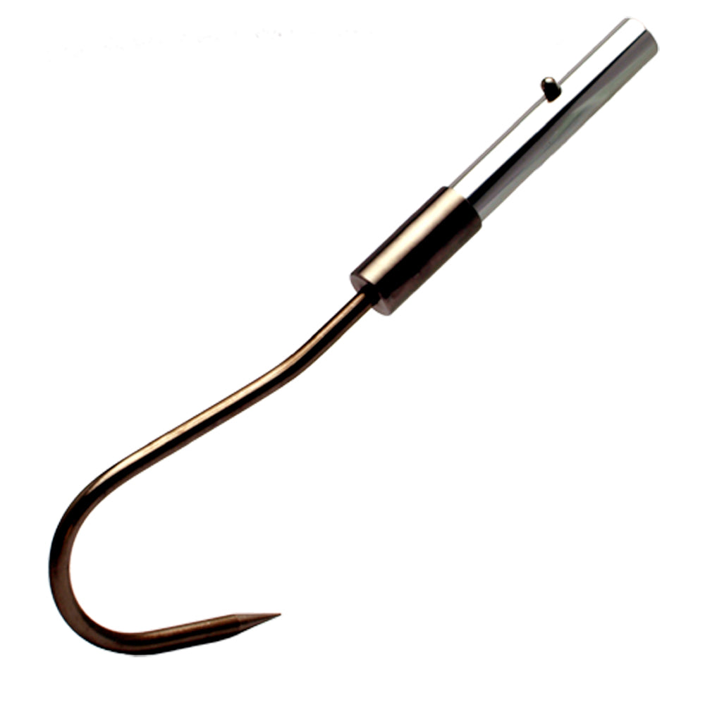 Swobbit stainless steel gaff hook for fishing or boating, durable and sharp, attached to a net or gaff for secure handling.