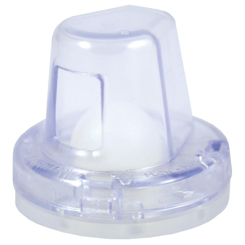 T-H Marine Flow-Max Ball Scupper in clear, marine boat accessory with adjustable ball valve for water drainage.