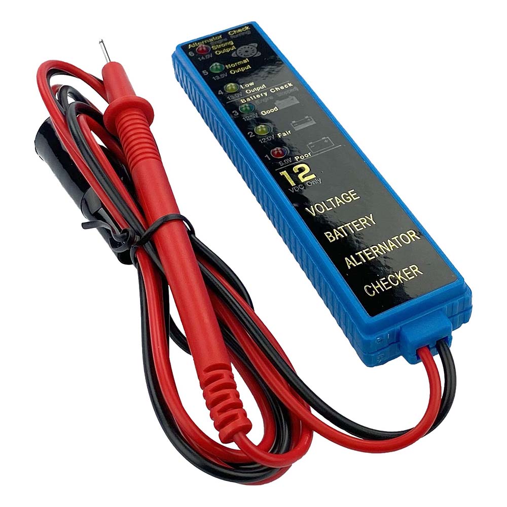 T-H Marine LED Battery Tester showing digital display and control buttons, used for testing marine battery performance.