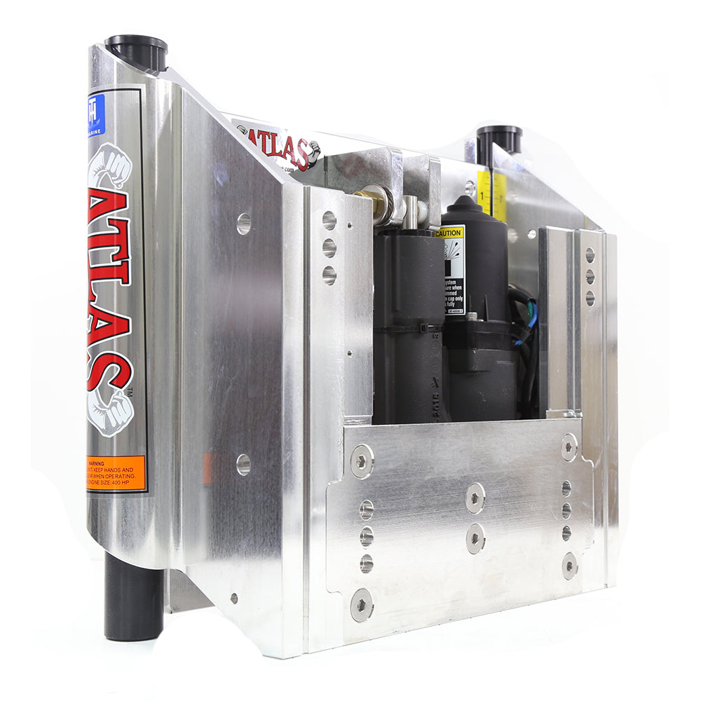 Heavy-duty T-H Marine Atlas 6-inch set-back hydraulic jack plate installed on a boat for optimal engine height adjustment.