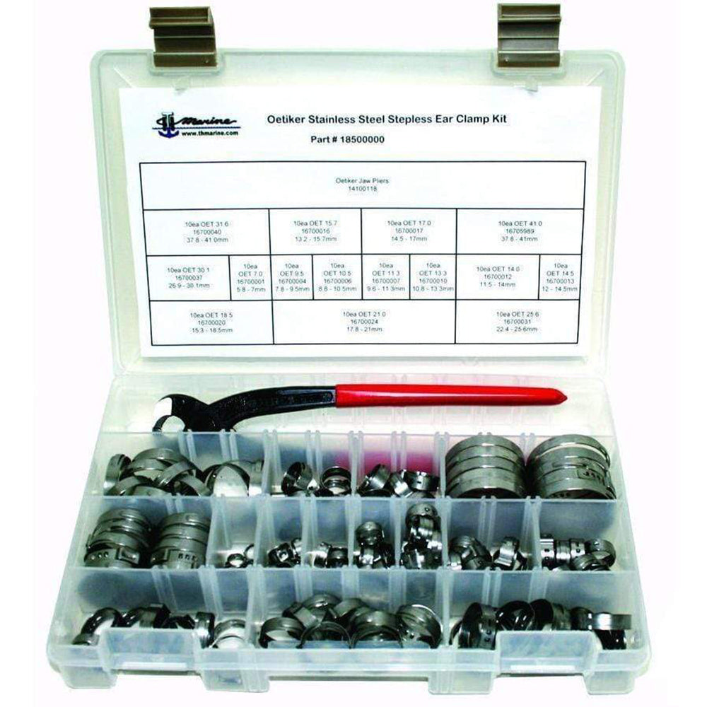T-H Marine Oetiker Stepless Clamp Kit with pliers, marine tools for secure hose clamping, in a compact kit with tightening pliers.