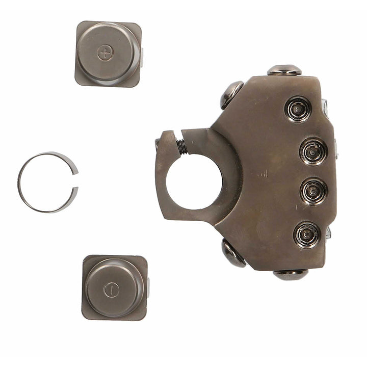 T-Spec 8-position battery terminal with positive and negative busbars and connectors for automotive electrical systems.