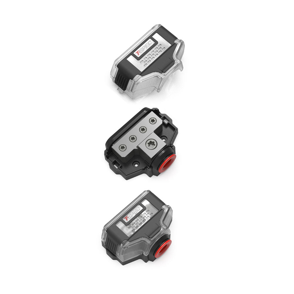 T-Spec VDB4 4-position distribution block with cover, used for busbars, connectors, and insulators in electrical setups