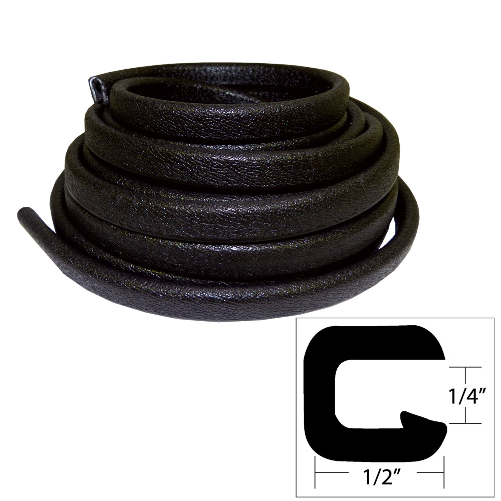 Black TACO Marine Flexible Vinyl Trim, 1/4-inch opening, 1/2 inch wide, 25 feet long, used as marine accessory.