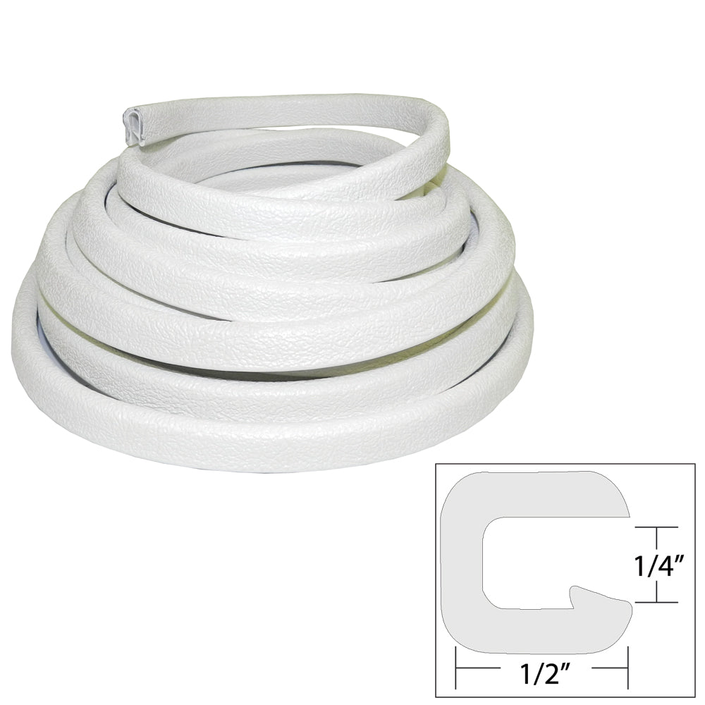 White TACO Marine flexible vinyl trim, 1/4-inch opening, 1/2 inch wide, 25 feet long, used as marine accessories.