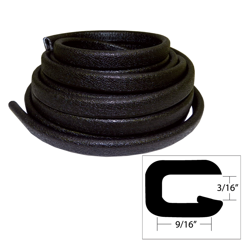 Black TACO Marine flexible vinyl trim with 5/32-inch opening, 9/16-inch width, and 25-foot length, shown as an accessory product.