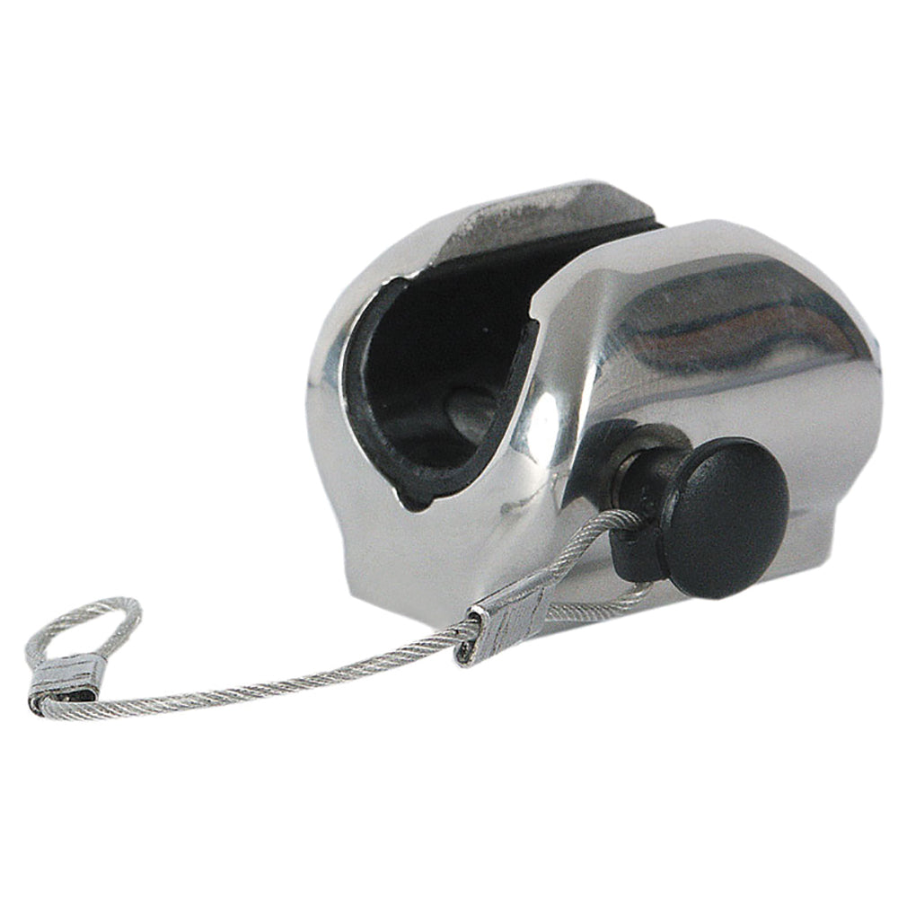 TACO Marine flat deck hinge with pin and lanyard for 7/8" tube, used as bimini top fitting on boats.