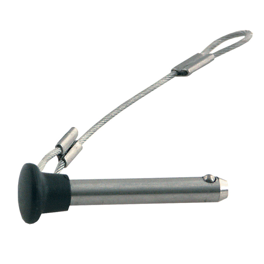 TACO Marine stainless steel pin lanyard with plastic knob for bimini top fittings, shown with secure attachment and durable design.