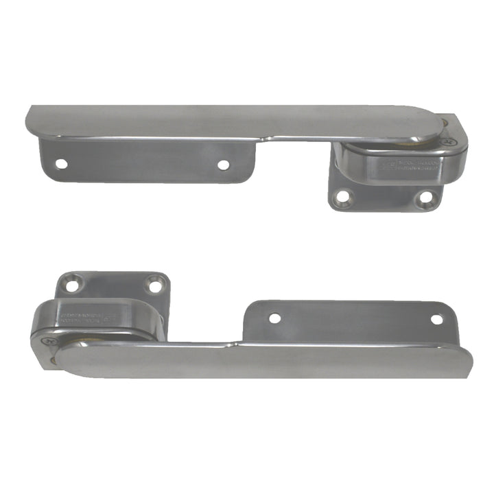 Pair of TACO Marine TACO Command Ratchet Hinges, 9-3/8 inches, polished 316 stainless steel for marine applications.