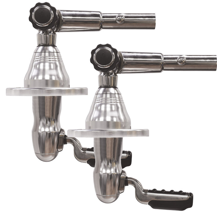Pair of TACO Marine Grand Slam 400 Outrigger Top Mount accessories for boat outriggers, shown mounted on boat.
