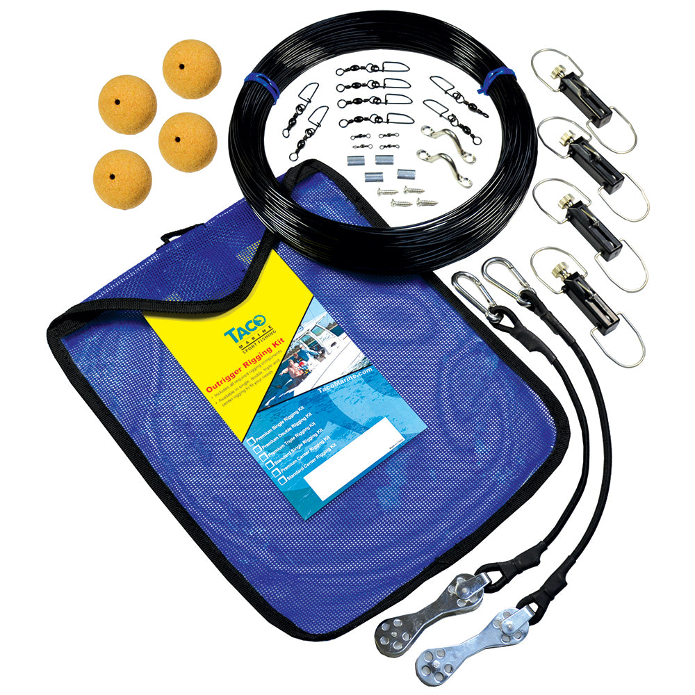 TACO Marine TACO Premium Mono Double Rigging Kit for outrigger accessories on a boat, with rigging components visible.
