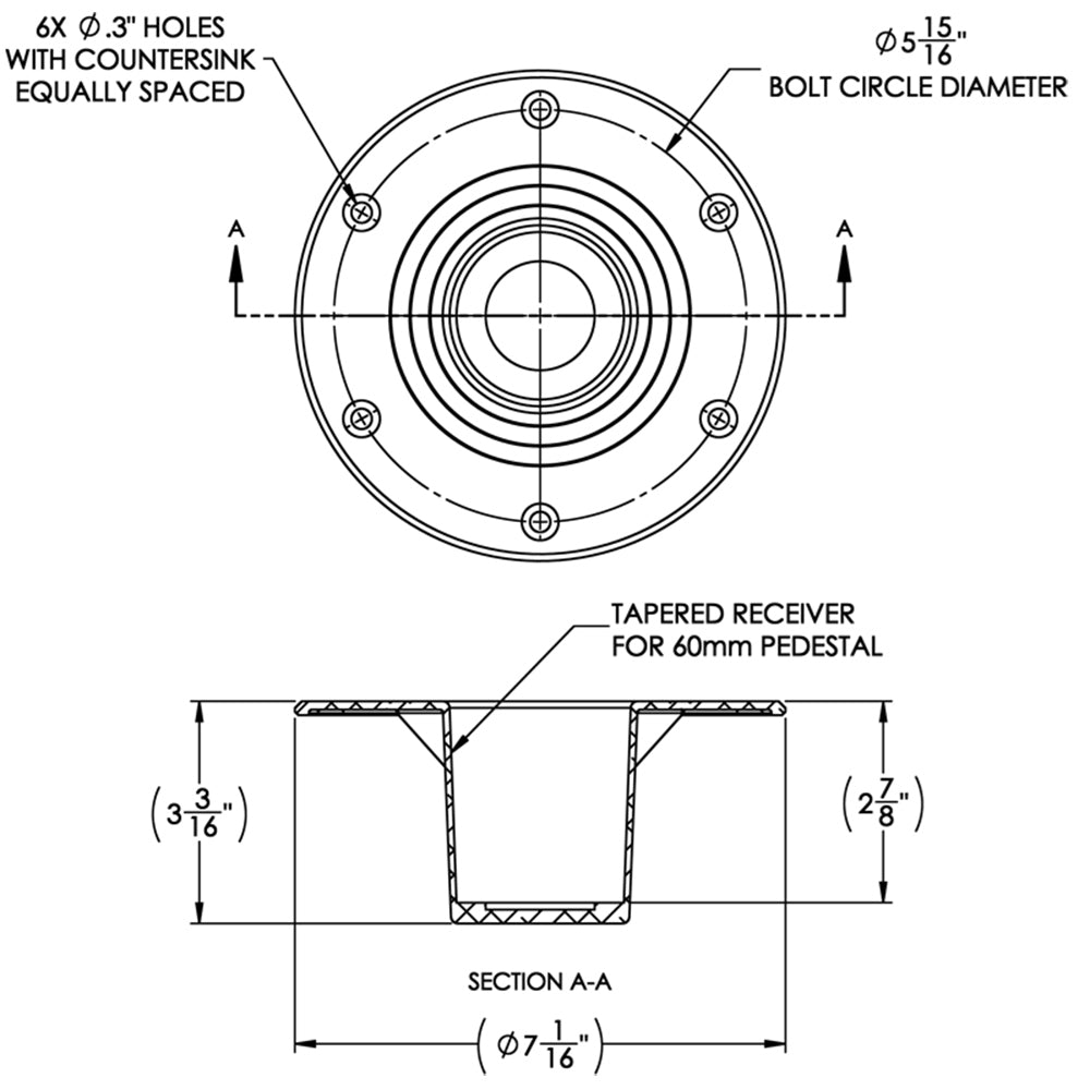 TACO Marine flush mount table support for 2-3/8-inch pedestals, sturdy pedestal support for marine tables.