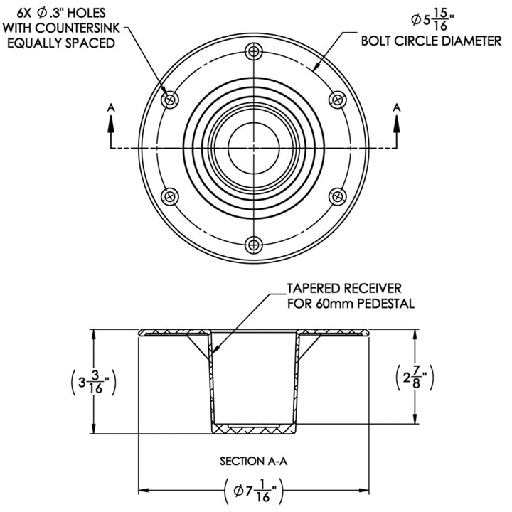 TACO Marine flush mount table support for 2-3/8-inch pedestals, sturdy pedestal support for marine tables.