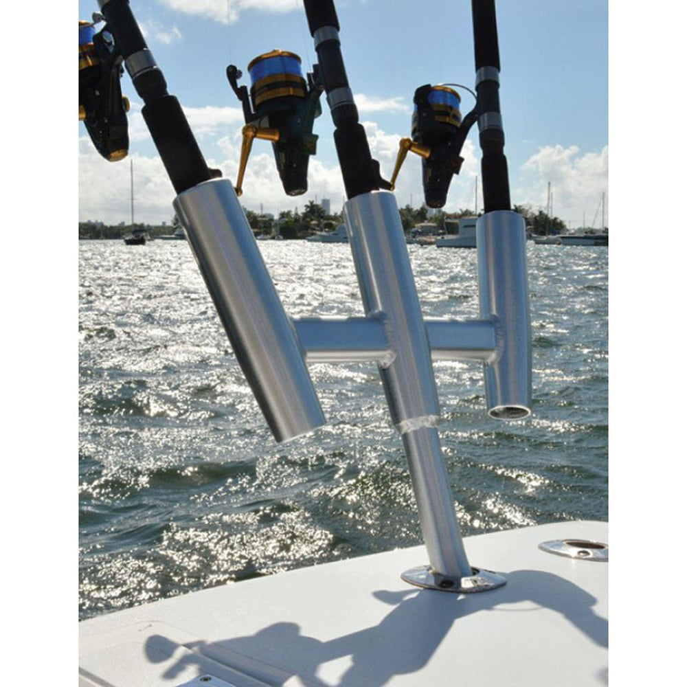 TACO Marine Kite Fishing 3-Rod Cluster rod holders mounted on boat, designed for secure fishing rod storage and organization.