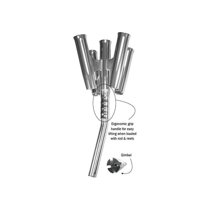 TACO Marine Olympic 5-Rod Holder Cluster mounted on boat, durable stainless steel rod holders for fishing rods.