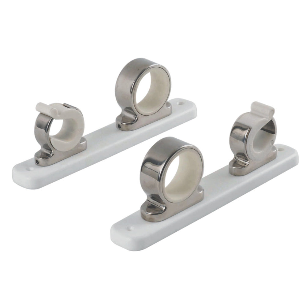 Polished stainless steel TACO Marine 2-rod hanger with poly rack for rod and reel storage, mounted on a boat.