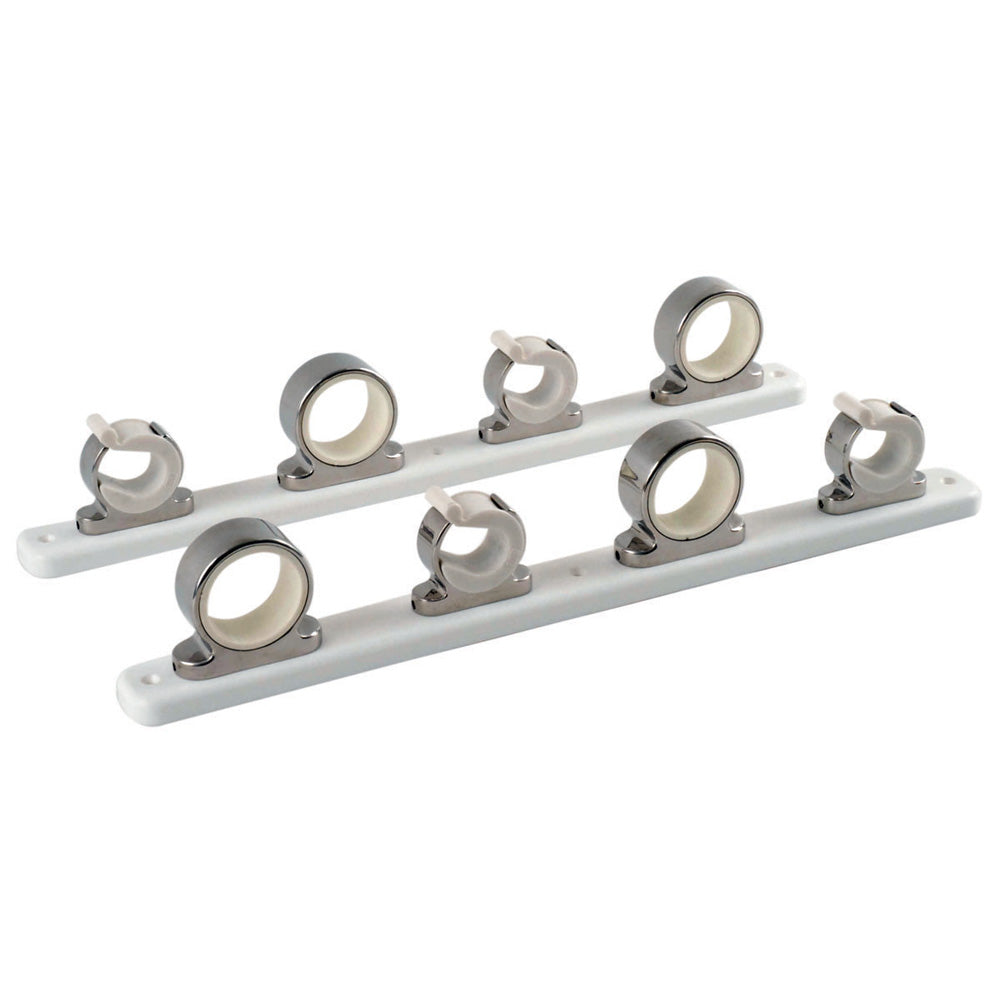 Polished stainless steel TACO Marine 4-rod hanger with poly rack for rod and reel storage, mounted on a boat.
