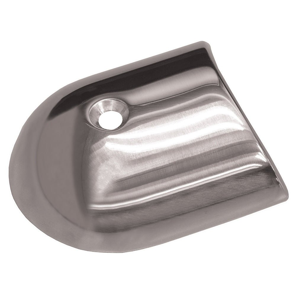 Polished stainless steel TACO Marine rub rail end cap for 2-19/64-inch boat rub rails, showing a sleek, shiny finish.