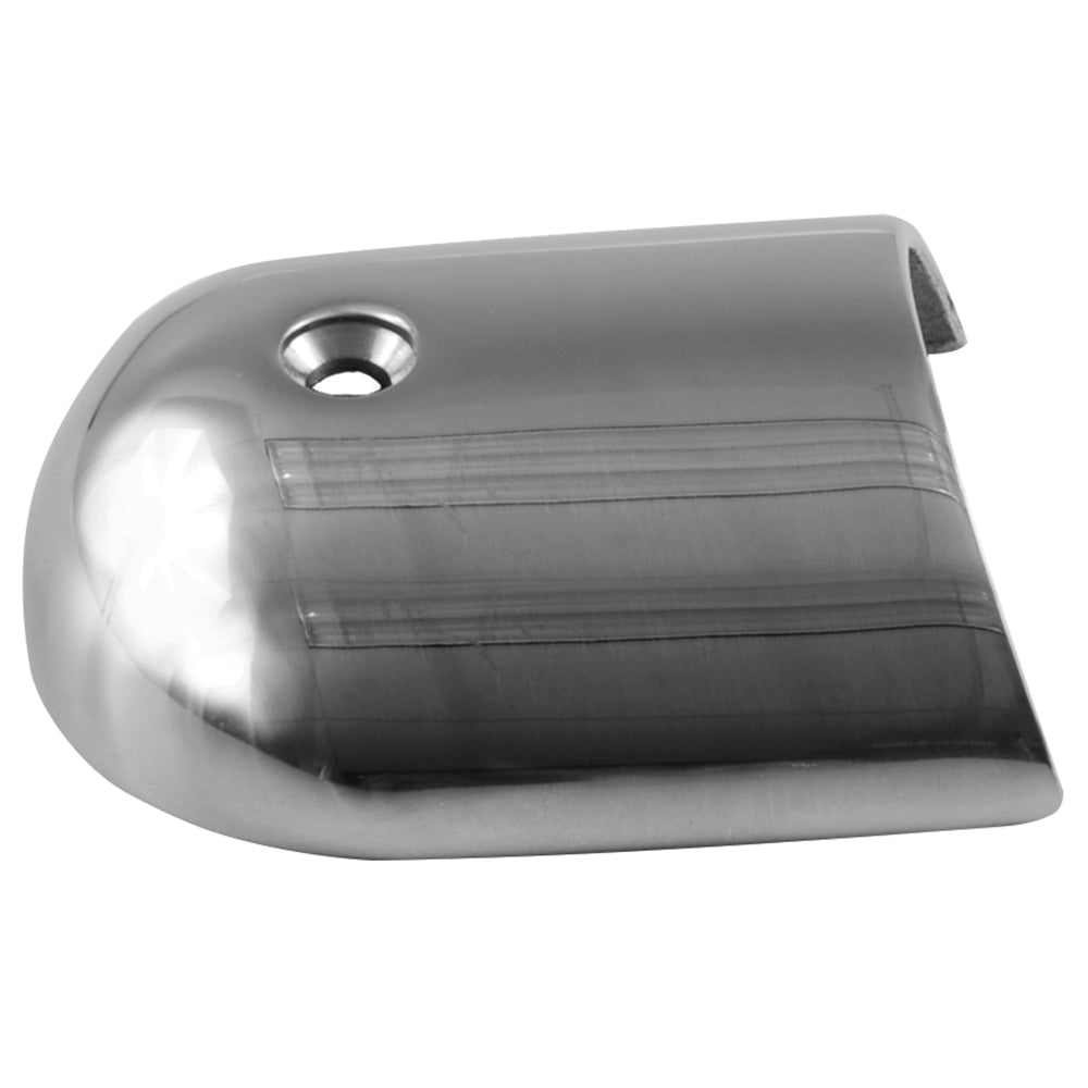 Stainless steel TACO Marine TACO Rub Rail End Cap for 1-7/8 inch rub rails, shown on a boat railing.