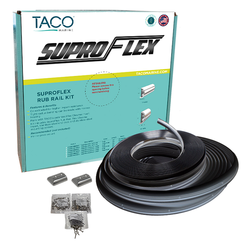 TACO Marine SuproFlex Rub Rail Kit in black with flex chrome insert, 2 inches high, 29/32 inches wide, 60 feet long.