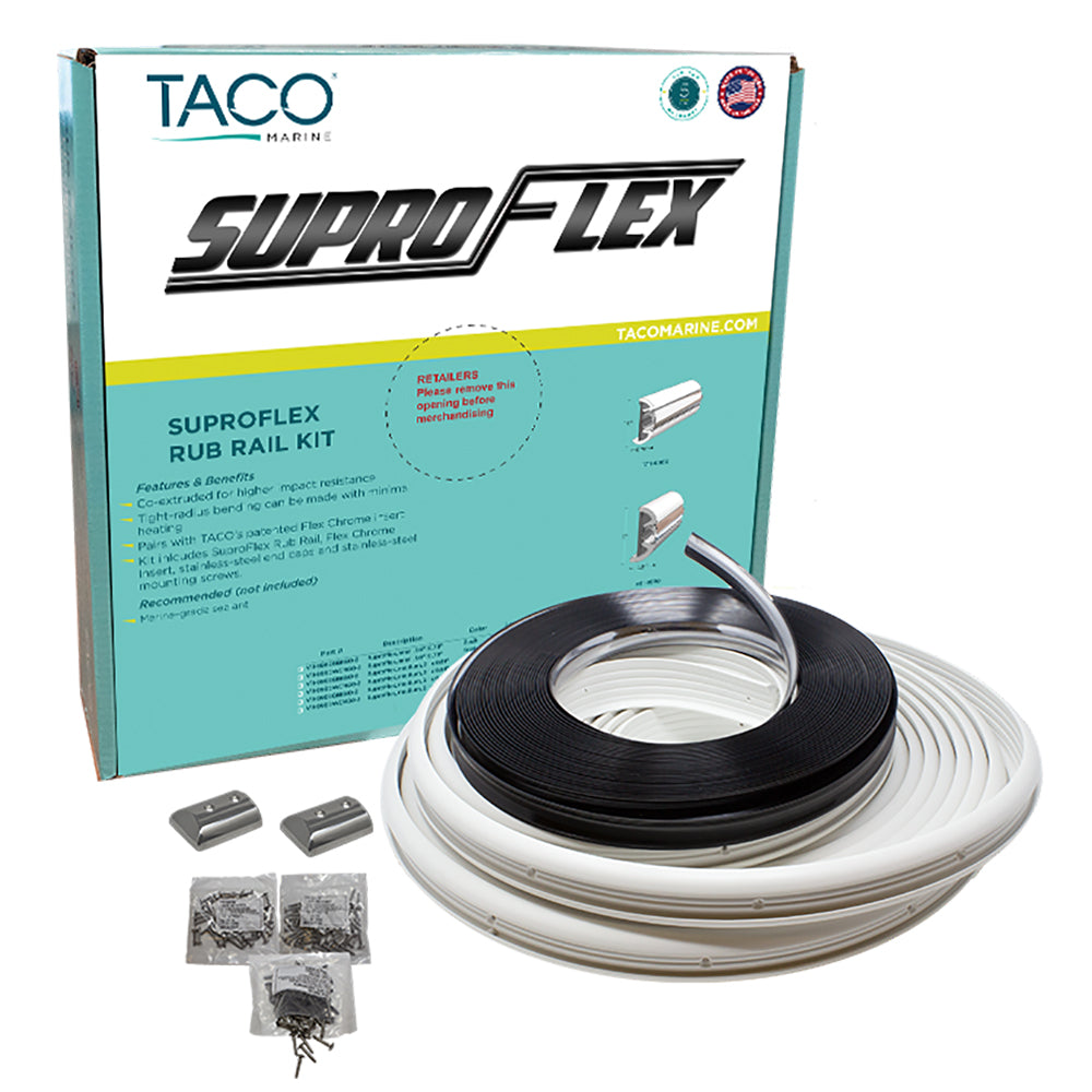 TACO Marine TACO SuproFlex Rub Rail Kit in white with flex chrome insert, 2 inches high, 60 feet long, for boat edging.
