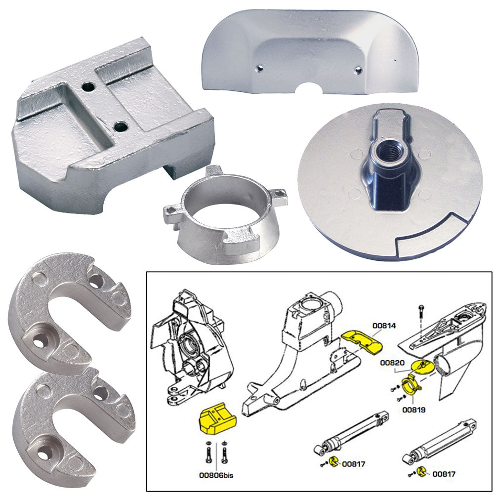 Tecnoseal aluminum anode kit with hardware for Mercury Alpha 1 Gen 2 outboard motor, shown installed with mounting components.