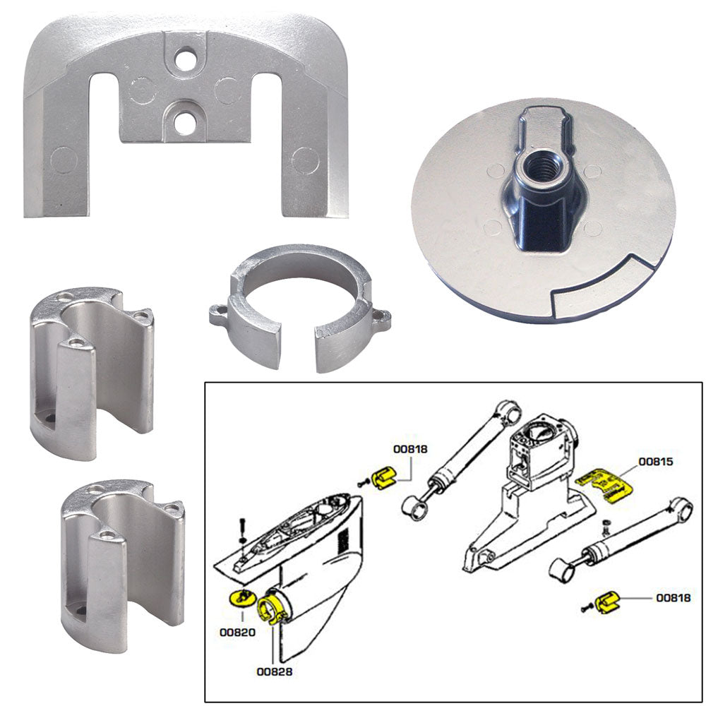 Tecnoseal aluminum anode kit with hardware for Mercury Bravo 1 outboard motor, designed to prevent corrosion and improve performance.