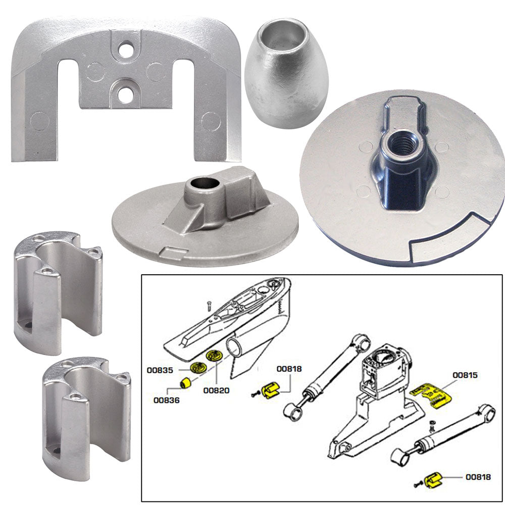 Tecnoseal zinc anode kit with hardware for Mercury Bravo 3 boats (2004-present), corrosion protection accessory.