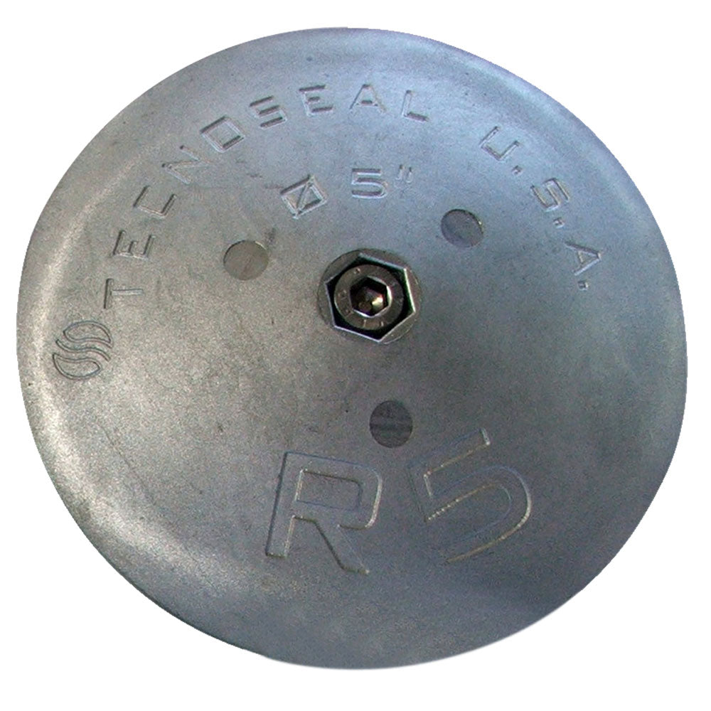 Tecnoseal R5 Rudder Anode Zinc, 5-inch diameter with 7/8-inch thickness, showing the corrosion-resistant zinc anode for boat rudders.