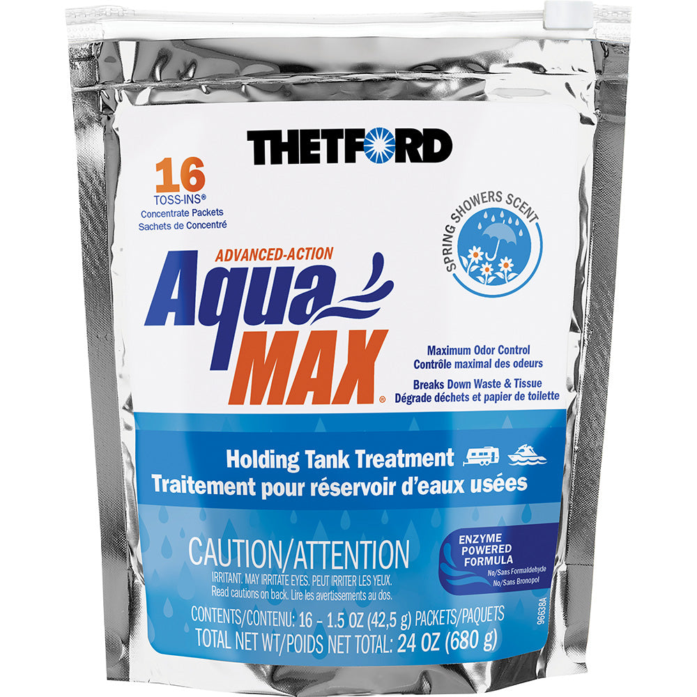 Thetford AquaMax Marine Holding Tank Treatment with 16 Toss-Ins in Spring Shower scent for marine sanitation.