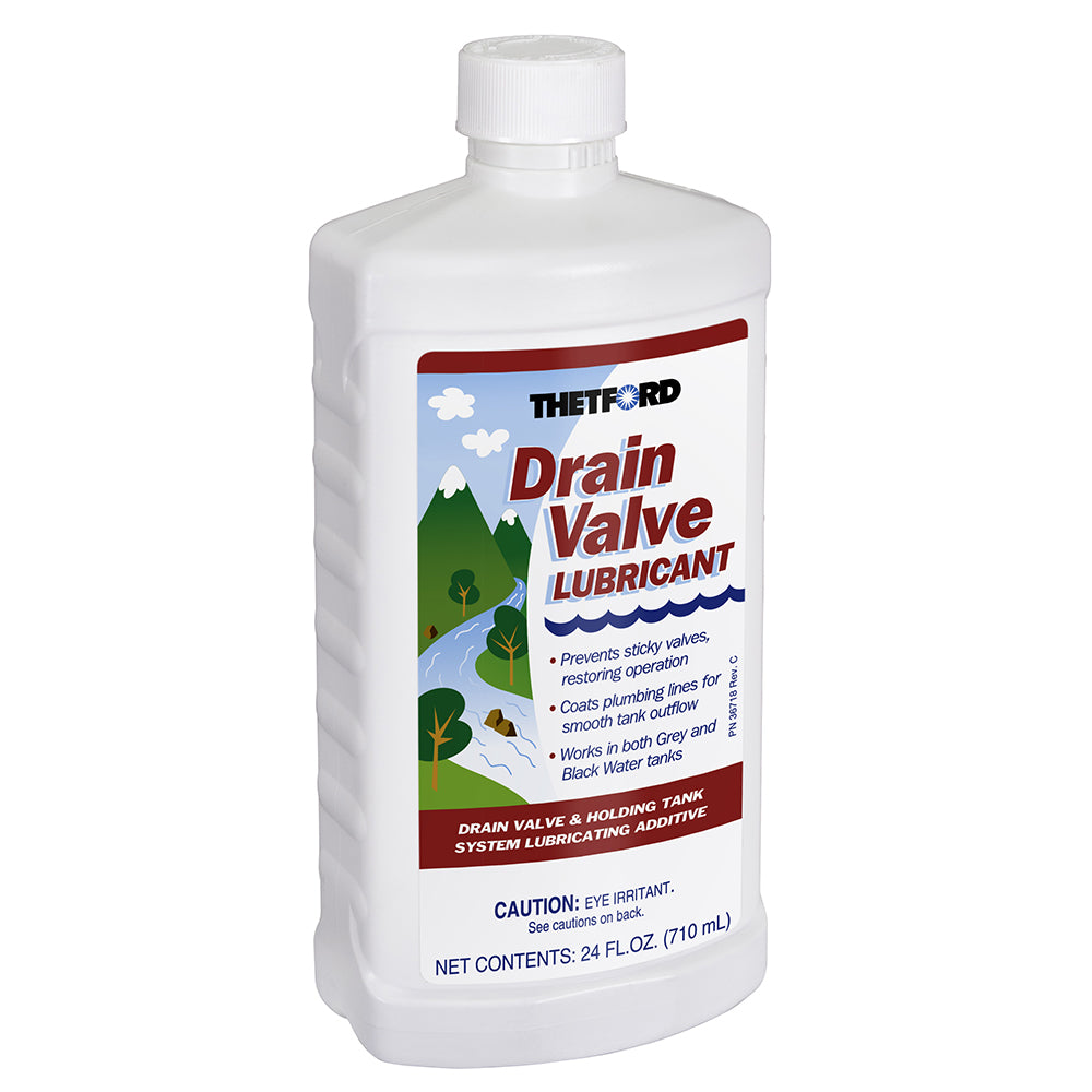 Thetford Marine Drain Valve Lubricant in a 24oz bottle, designed for marine sanitation systems and drain valve maintenance.