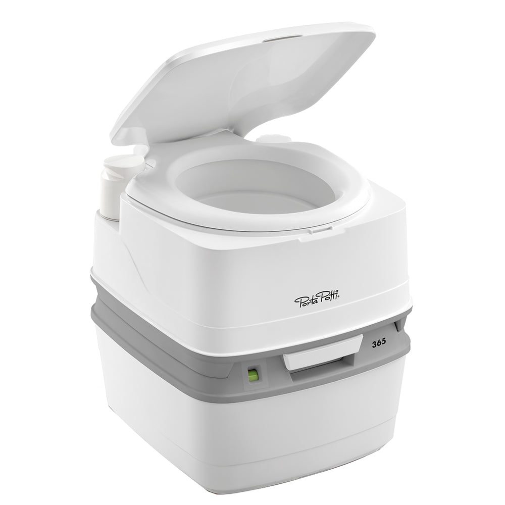 Thetford Porta Potti 365 Marine portable toilet with flush mechanism, compact design, and white plastic construction for marine use.