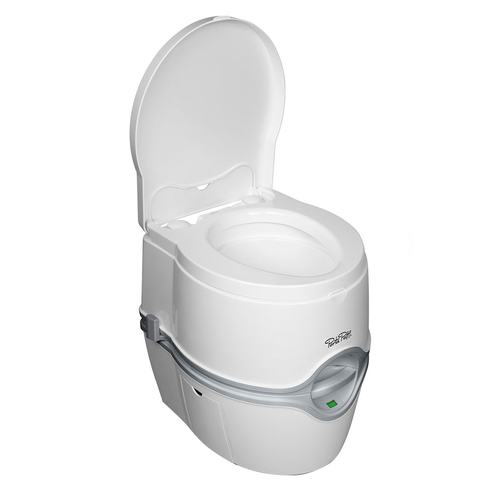 Thetford Porta Potti 565E Curve portable toilet from Thetford Marine, showing the compact, curved design and white plastic exterior.